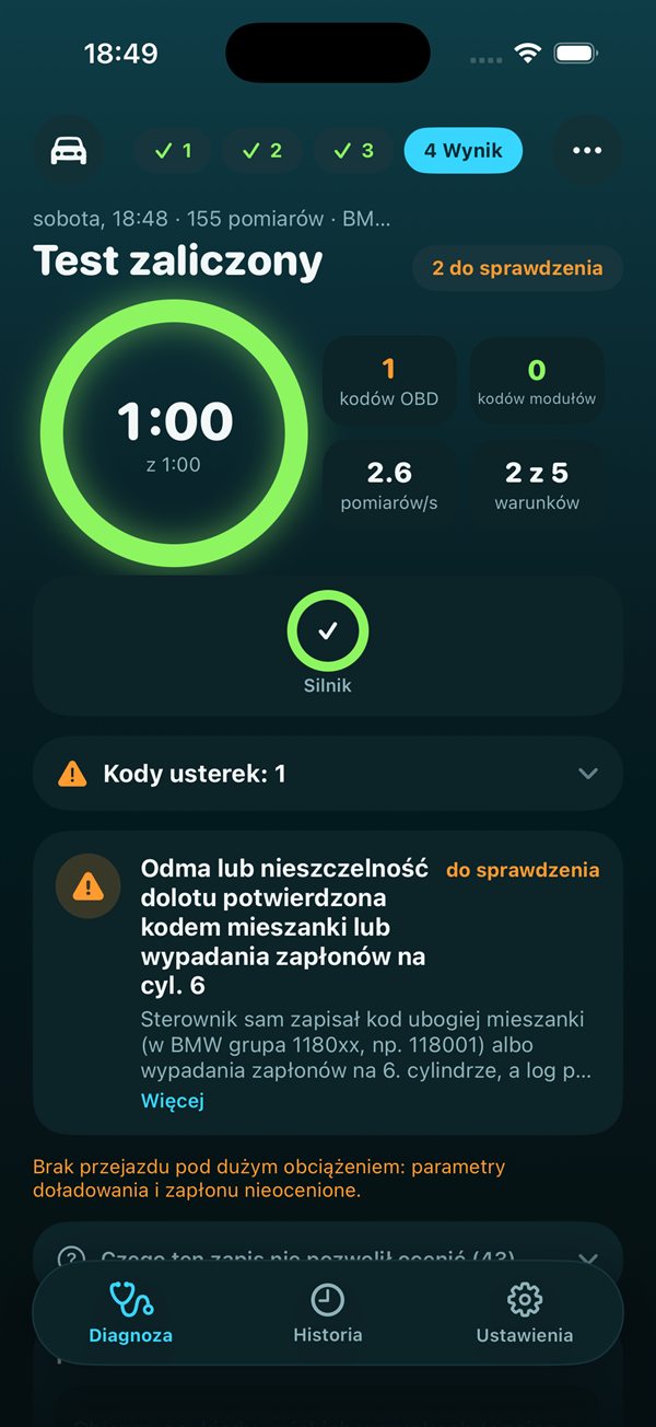 Ekran wyniku w Diag4You: test zaliczony, 2 sprawy do sprawdzenia, karta wniosku o nieszczelności dolotu